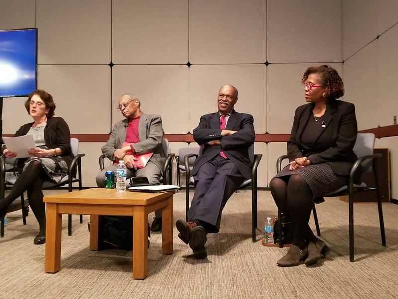 At DePauw University March 6: Moderator Miranda Spivak, left, Paul Delaney, Richard Prince and Ava Thompson Greenwell on the Kerner report.